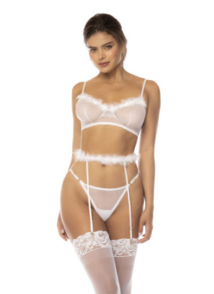 Ensemble 3 pièces blanc Emmie, soutien gorge, porte jarretelles avec fausse fourrure et string assorti - MAL8841WHT